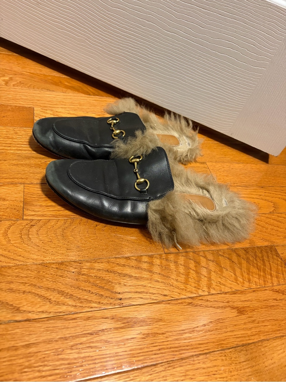 Black Leather Fur-Trim Backless Loafers with Gold Bit